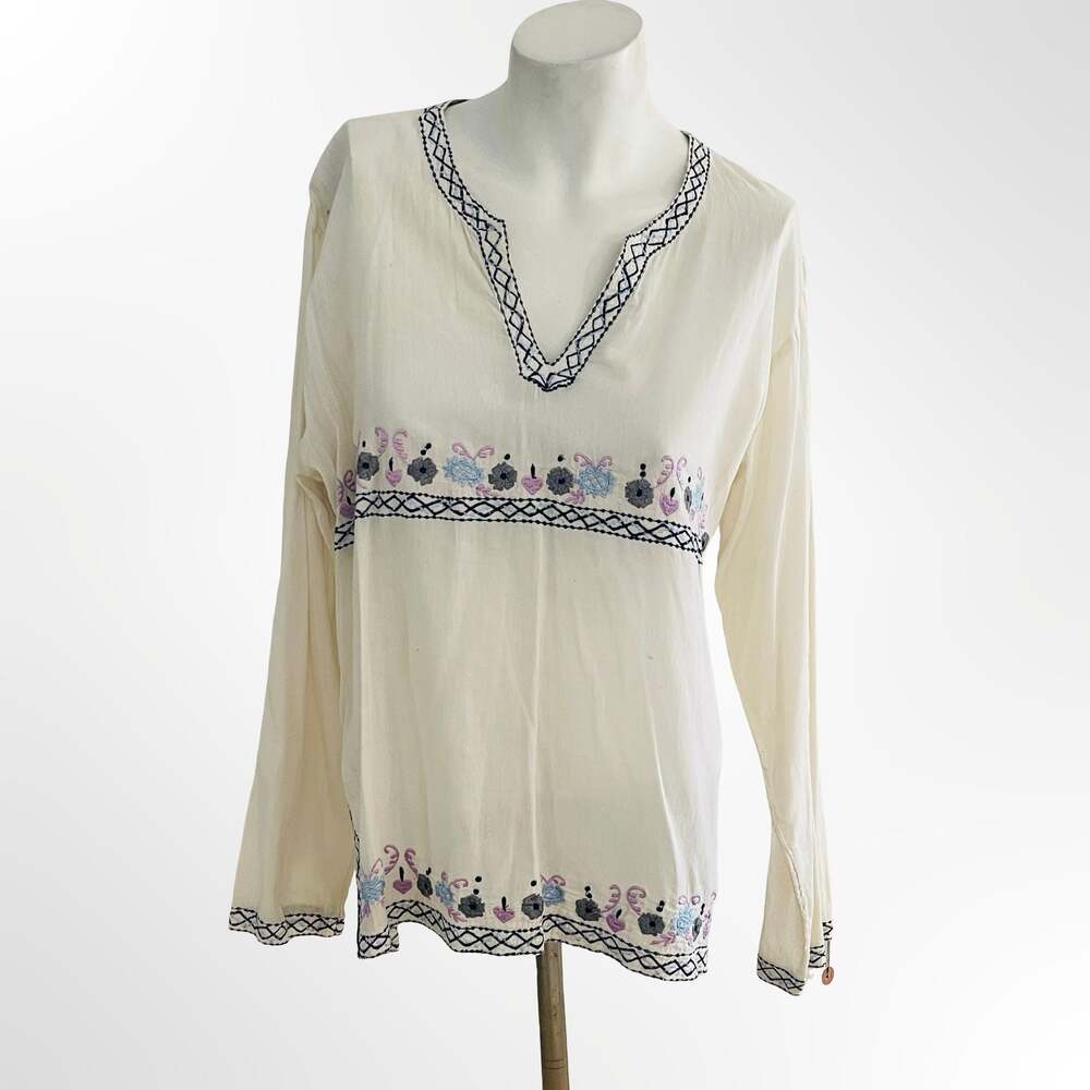 Step In Style Embroidered Boho Cotton V-Neck Long Sleeve Blouse Size L